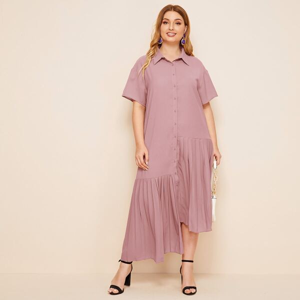 

Plus Single Breasted Asymmetrical Pleated Hem Dress, Dusty pink