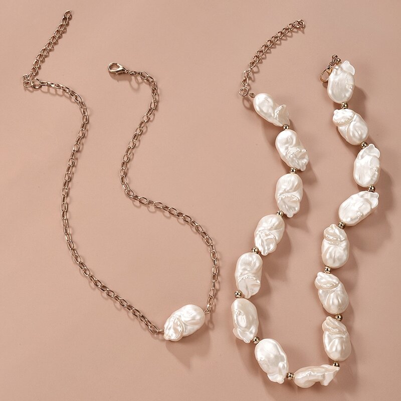 

2pcs Faux Pearl Beaded Necklace, Multicolor