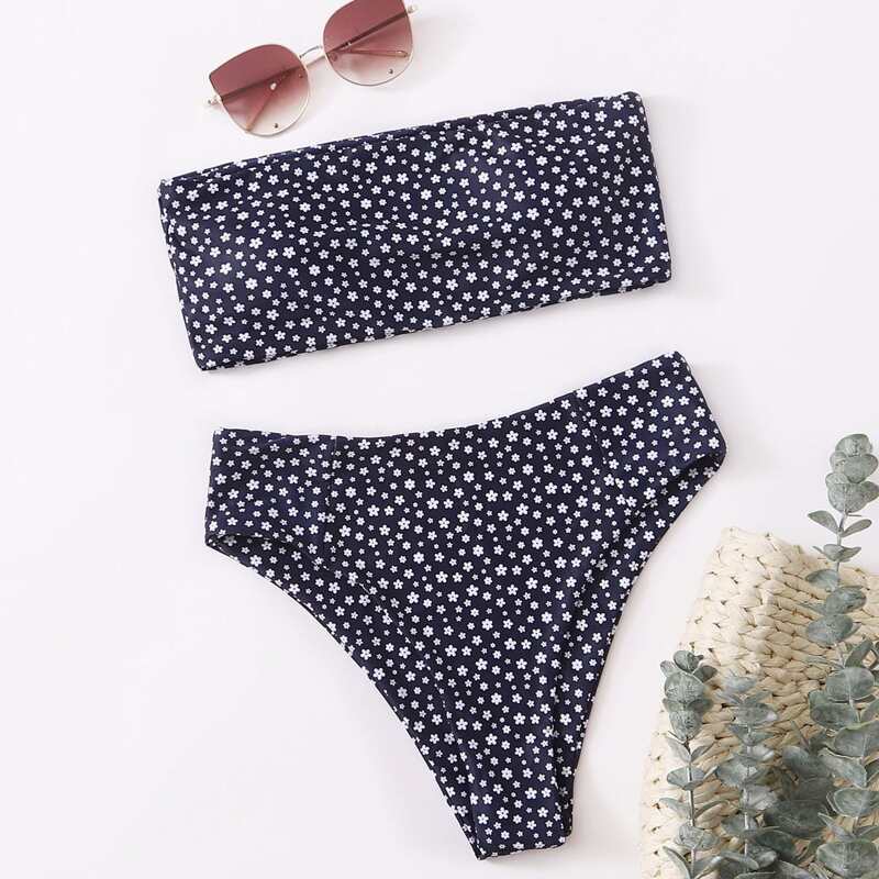 

Ditsy Floral Bandeau Bikini Swimsuit, Navy blue