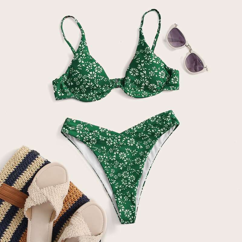 

Ditsy Floral Underwire High Leg Bikini Swimsuit, Green