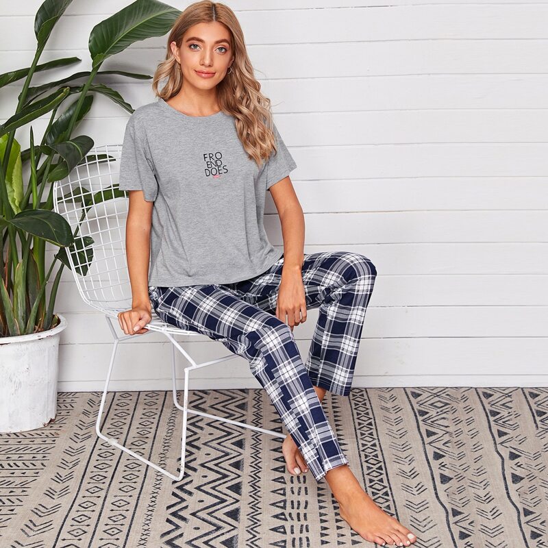 

Letter Graphic Tee With Plaid Pants PJ Set, Multicolor
