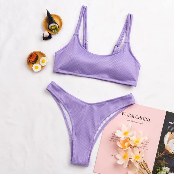 

Rib High Leg Bikini Swimsuit, Pastel lilac purple