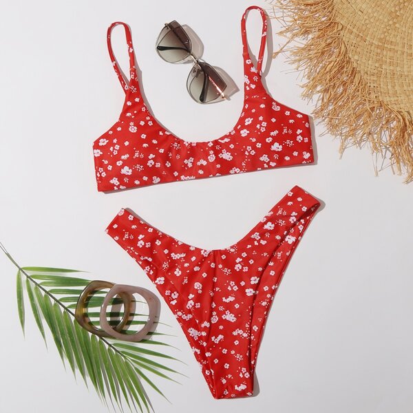 

Ditsy Floral High Leg Bikini Swimsuit, Red bright