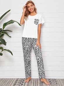 Leopard Print Pocket Front Pyjama Set - Multicolor - View 3