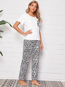 Leopard Print Pocket Front Pyjama Set - Multicolor - View 5