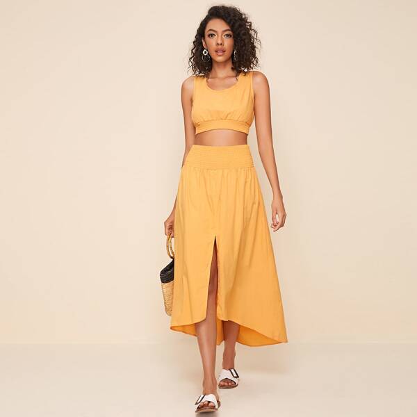 

Shirred Hem Crop Top & Split High Low Skirt Set, Mustard yellow