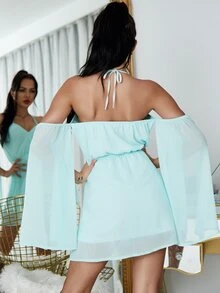 Eilly Bazar 後繫帶開衩袖繞頸洋裝 - 薄荷綠 - 查看 2