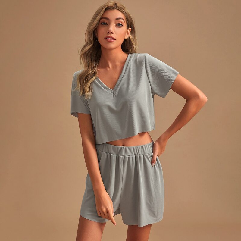 

V-neck Rib-knit Solid Lounge Set, Light grey