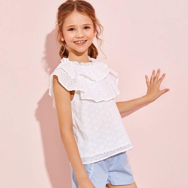 

Girls Frill Neck Layered Foldover Schiffy Top, White