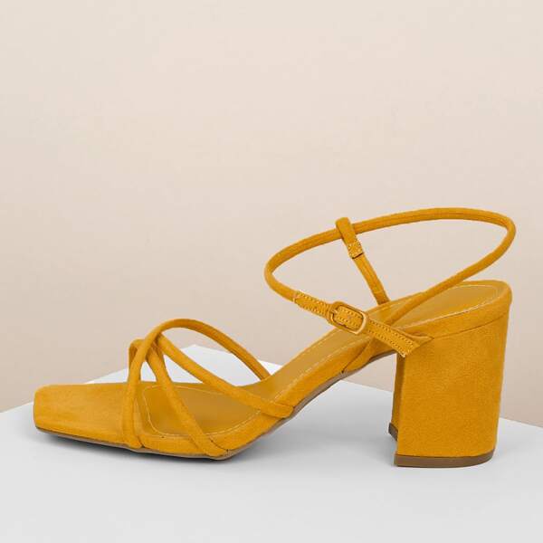 

Side Buckle Strappy Chunky Heel Sandals, Mustard yellow