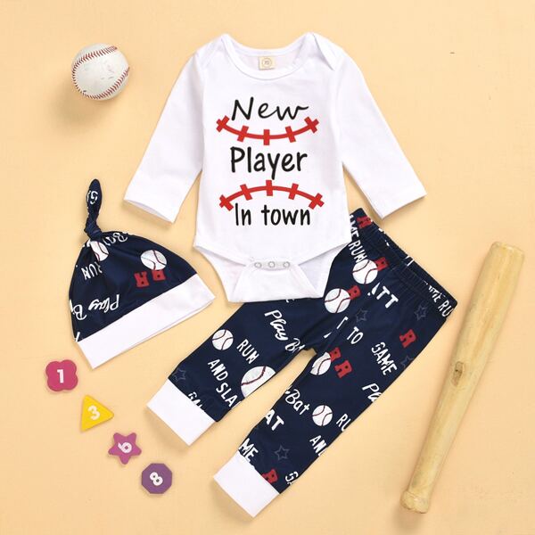 

Baby Boy Letter Graphic Bodysuit & Baseball Print Pants & Hat, Multicolor