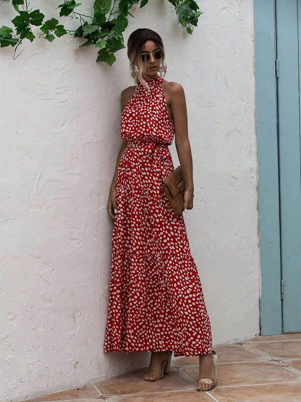 EMERY ROSE All Over Print Belted Halter Dress