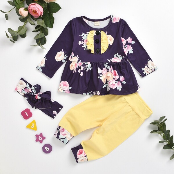 

Baby Girls Floral Button Front Tee & Pants & Headband, Multicolor