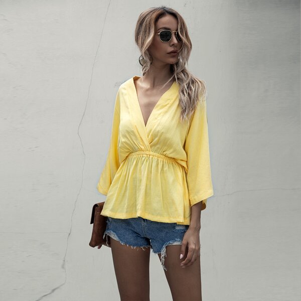 

Batwing Sleeve Solid V Neck Blouse, Yellow