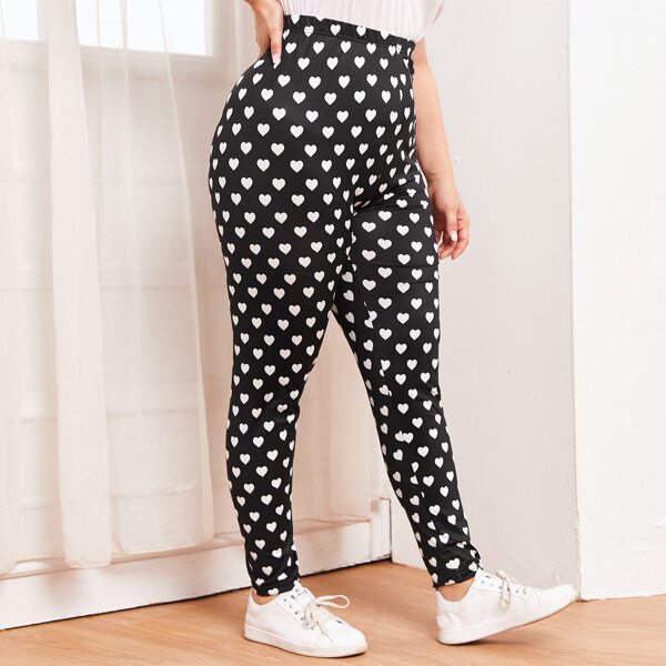 

Plus Allover Heart Print Elastic Waist Leggings, Black