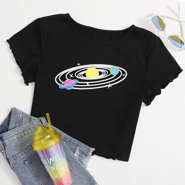 

Galaxy Print Lettuce Trim Crop Tee, Black