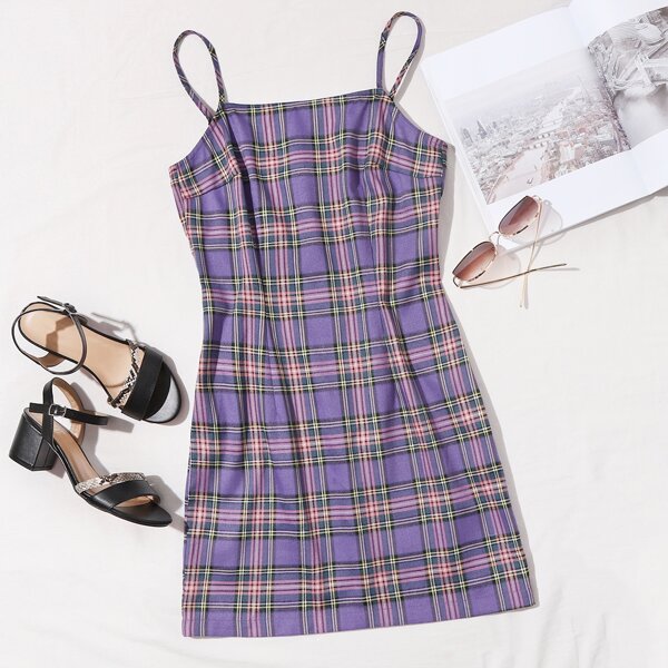

Zipper Back Tartan Print Bodycon Dress, Violet purple