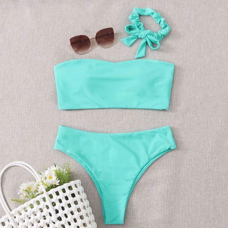 

Bandeau High Waisted Bikini Swimsuit & Scrunchie, Bright mint green