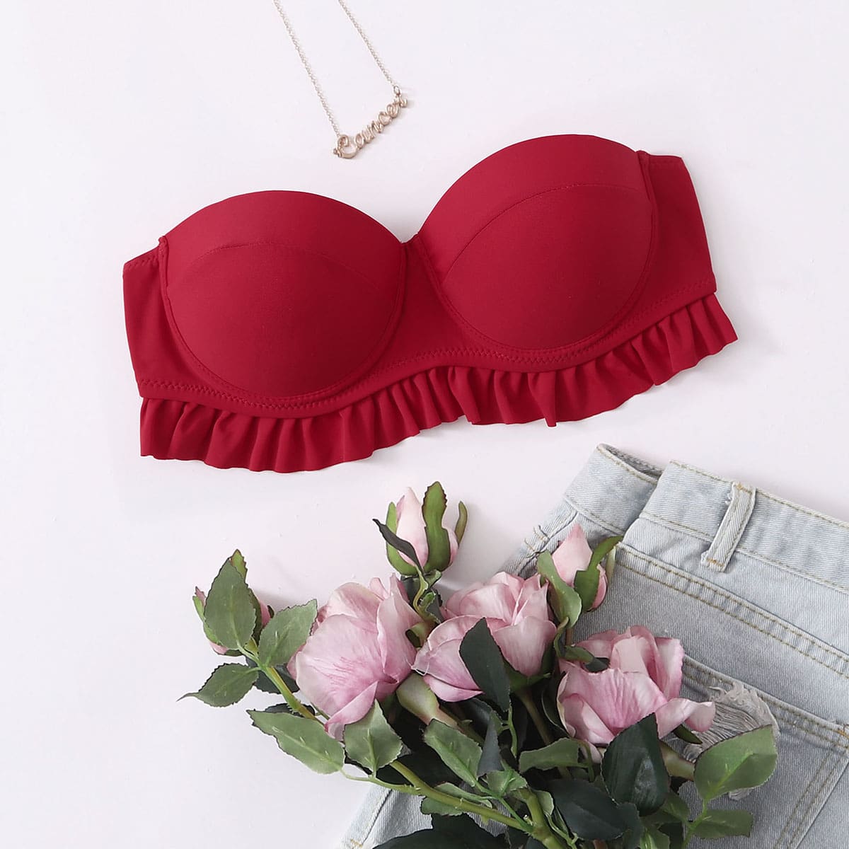 

Ruffle Hem Push Up Bandeau Bikini Top, Red