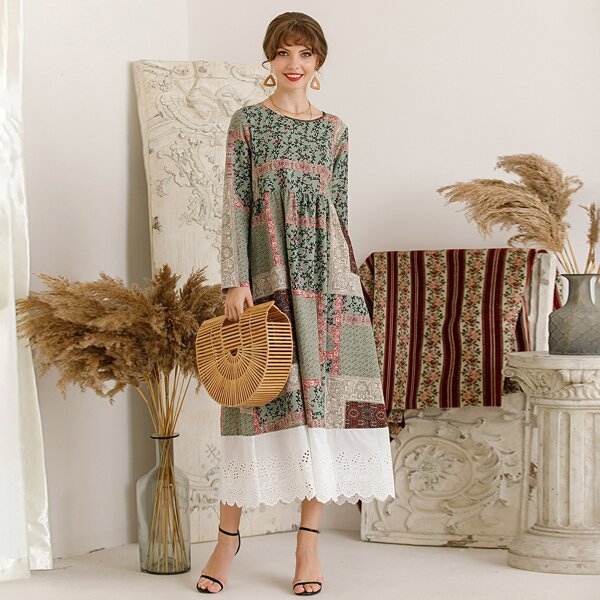 

Tribal & Plant Print Smock Dress, Multicolor