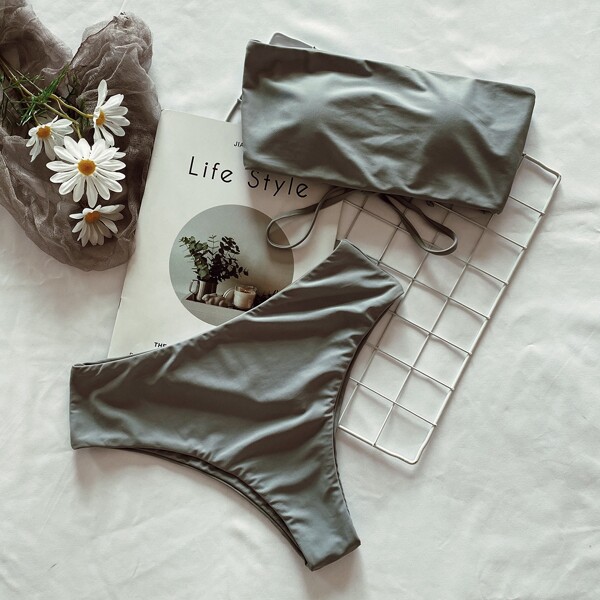 

Lace-up Back Bandeau Bikini Swimsuit, Grey