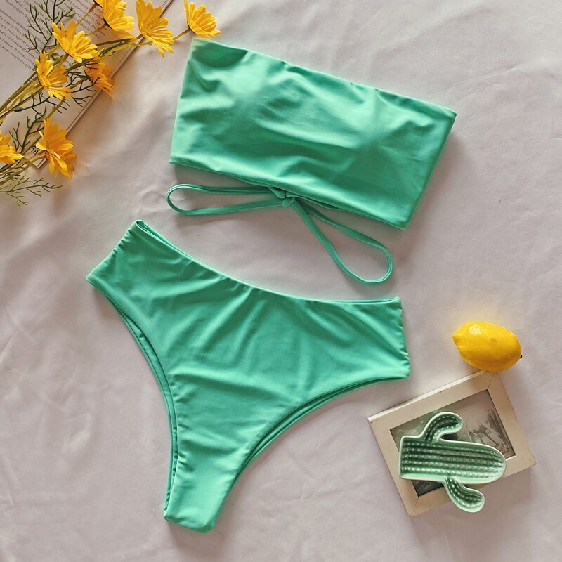 

Lace-up Back Bandeau Bikini Swimsuit, Bright mint green