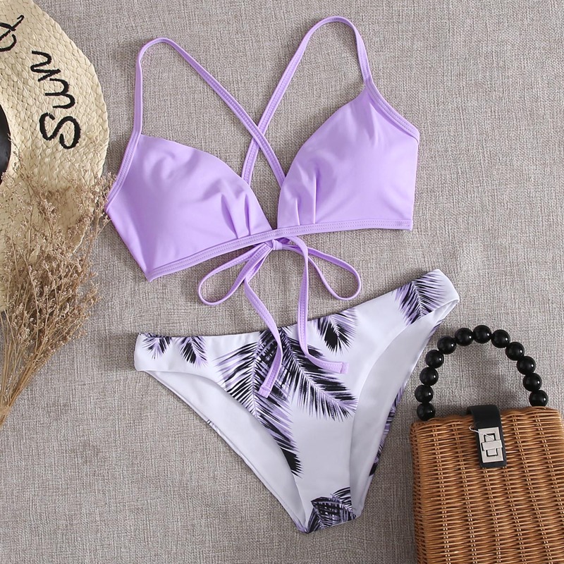 

Palm Print Tie Back Bikini Swimsuit, Multicolor