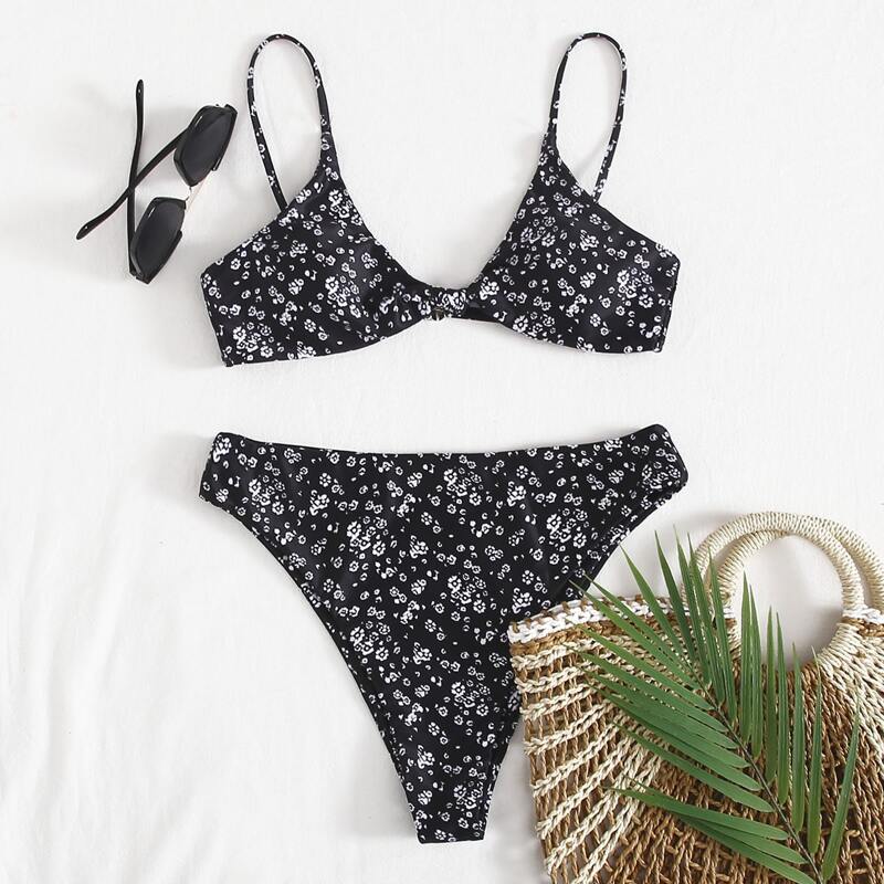 

Ditsy Floral Knot High Leg Bikini Swimsuit, Black
