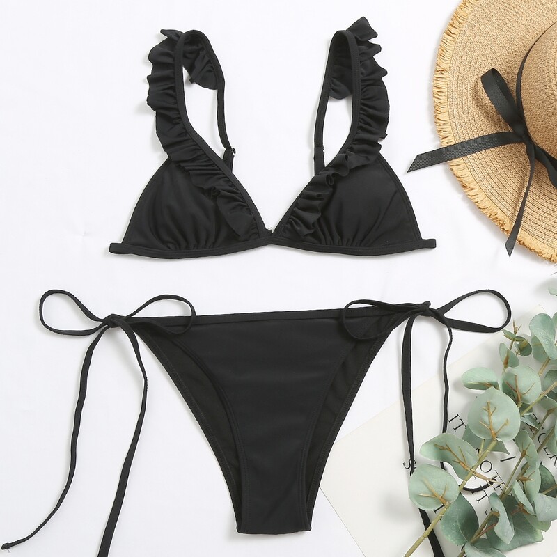

Ruffle Triangle Tie Side Bikini Swimsuit, Black