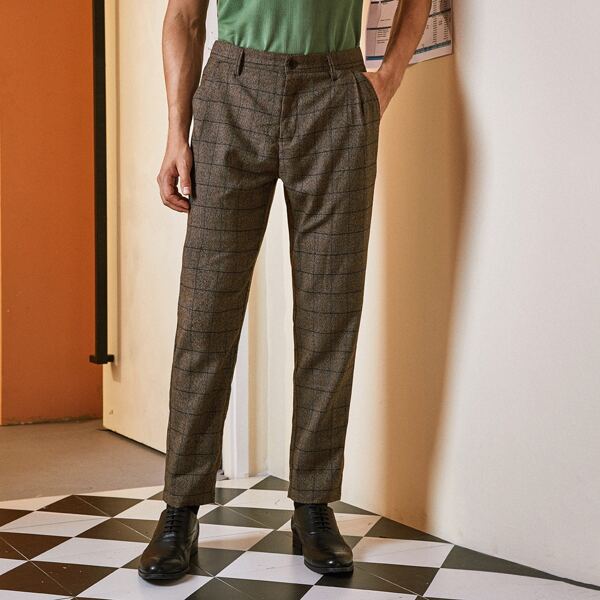 

Men Windowpane Plaid Slant Pocket Tailored Pants, Mocha brown
