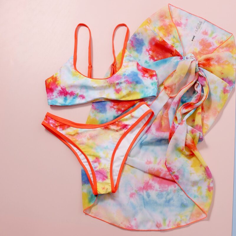 

3pack Tie Dye Bikini Swimsuit & Beach Skirt, Multicolor
