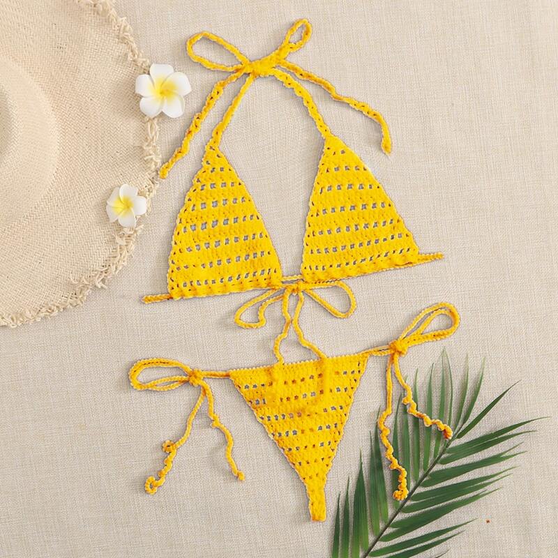 

Crochet Triangle Tie Side Bikini Swimsuit, Yellow bright