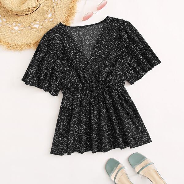 

All Over Print Butterfly Sleeve Peplum Top, Black