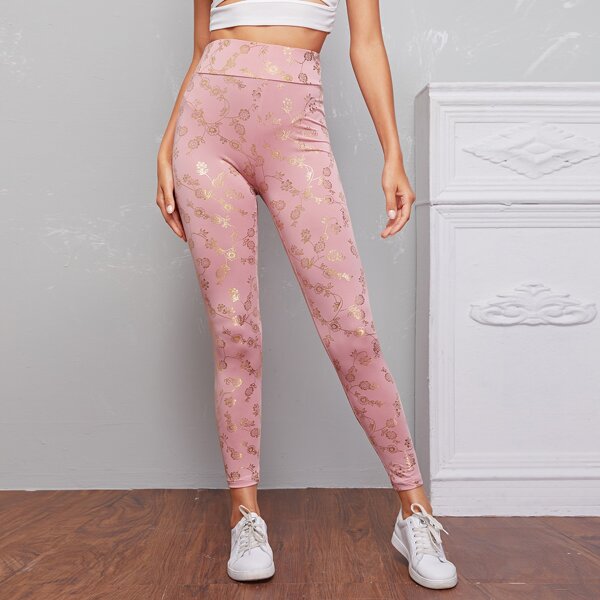 

Wide Waistband Gold Floral Leggings, Pastel baby pink