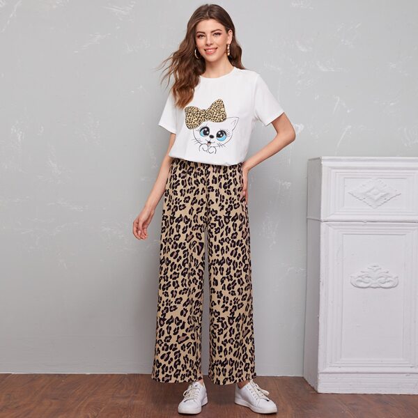 

Cartoon Graphic Top & Wide Leg Leopard Pants Set, Multicolor