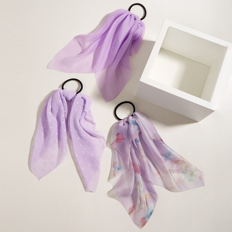 

3pcs Flower Pattern Scrunchie Scarf, Mauve purple
