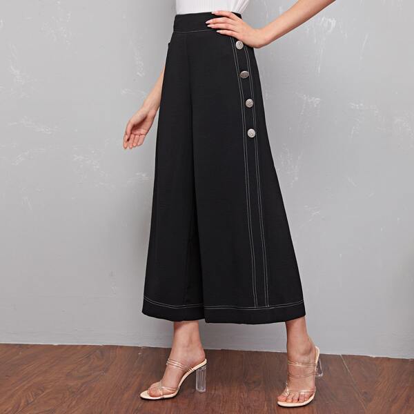 

Buttoned Side Contrast Stitch Wide Leg Pants, Black