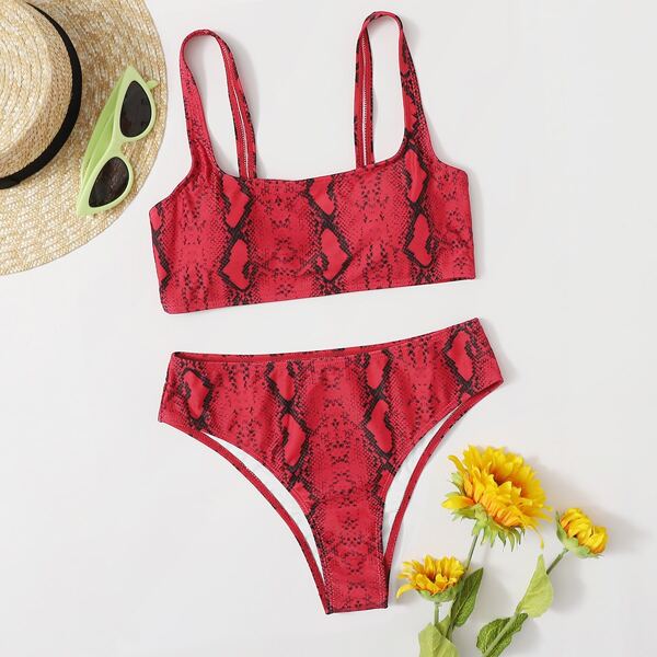 

Snakeskin Print Bikini Swimsuit, Red bright