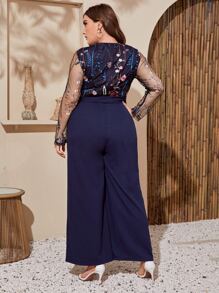 SHEIN Clasi 大碼刺繡網紗上身自腰帶寬腿連身長褲 - 藏蓝色 - 查看 2