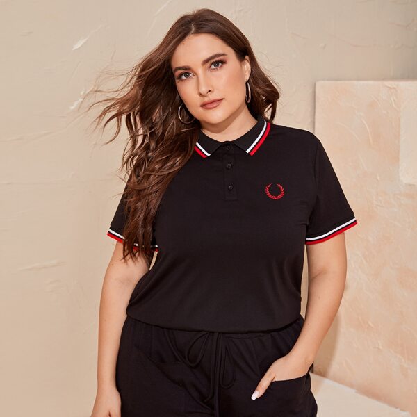 

Plus Striped Trim Graphic Embroidery Buttoned Half Placket Top, Black