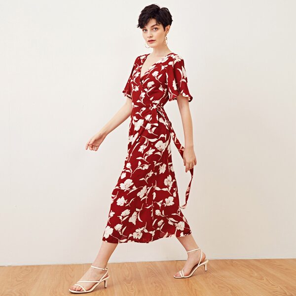 

Flutter Sleeve Wrap Tie Side Floral Dress, Burgundy
