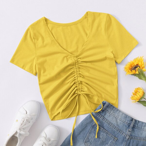 

Drawstring Knot Front Top, Yellow