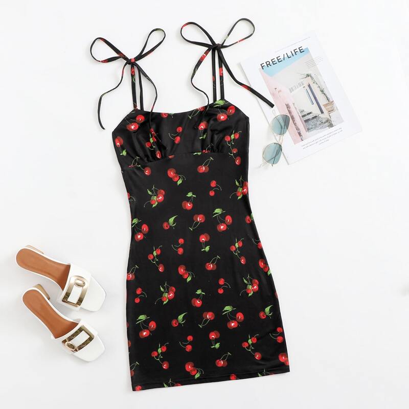

Knot Strap Ruched Bust Cherry Print Slip Dress, Black