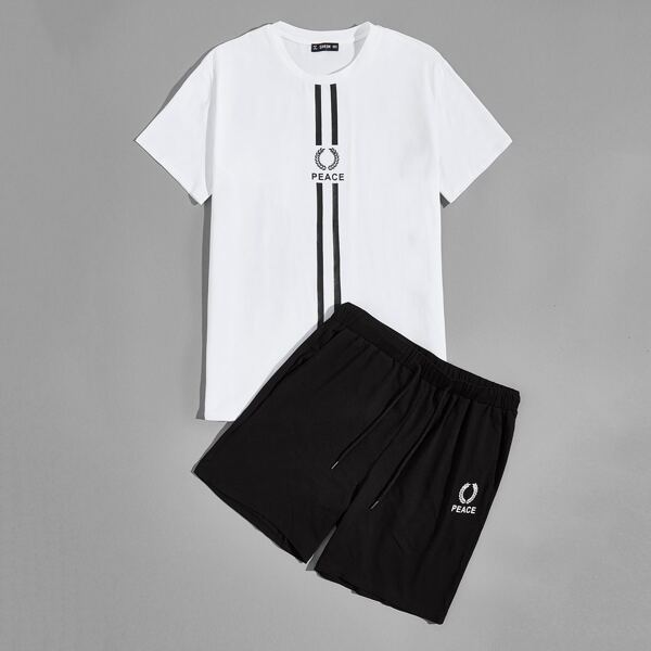 

Men Letter and Striped Top & Shorts Set, Black and white