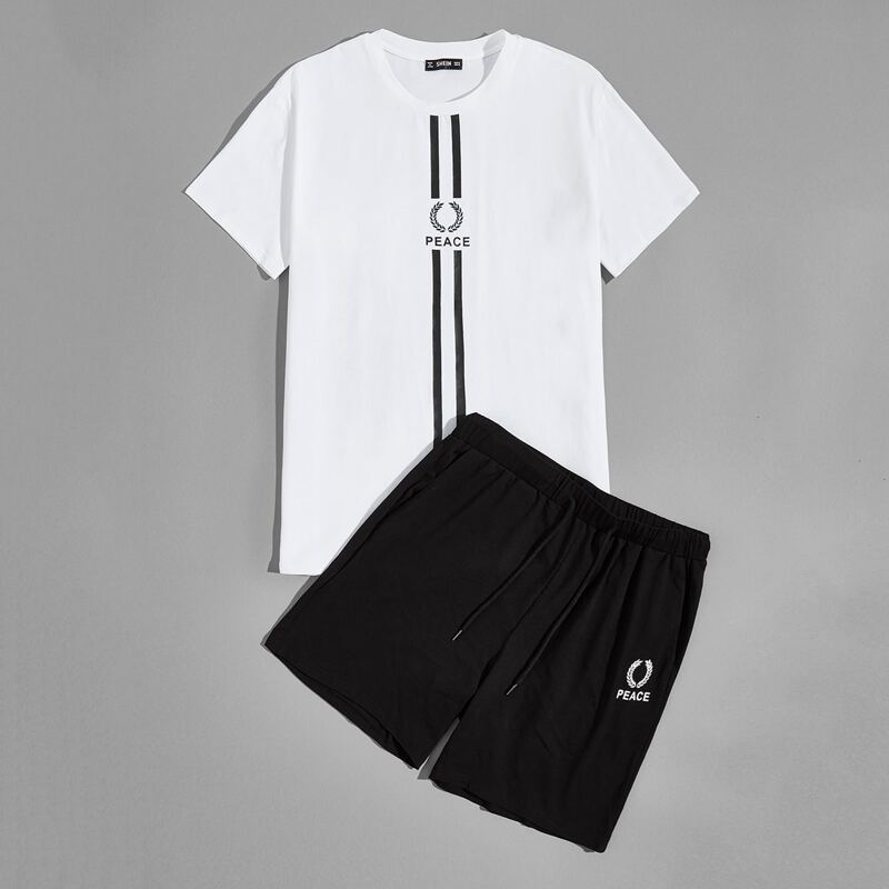 

Guys Letter and Striped Top & Shorts Set, Black and white