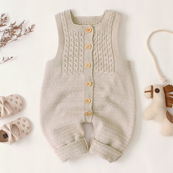 

Baby Boy Cable Knit Button Front Romper, Khaki