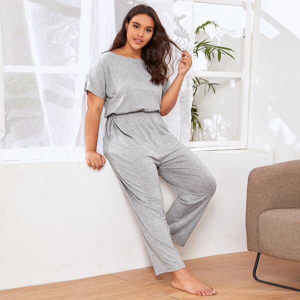

Plus Keyhole Back Solid Jumpsuit, Light grey