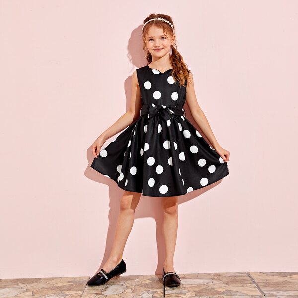 

Girls Notched Neck Self Belted Polka Dot Dress, Black