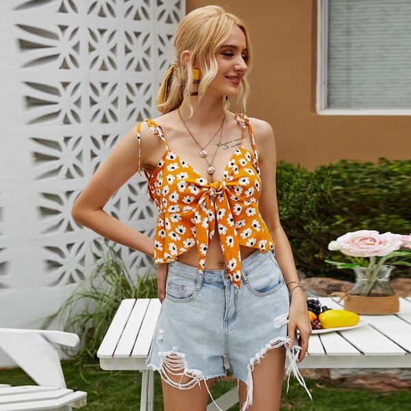 

Майка с узлом на плечах и цветочным принтом, Жёлтые