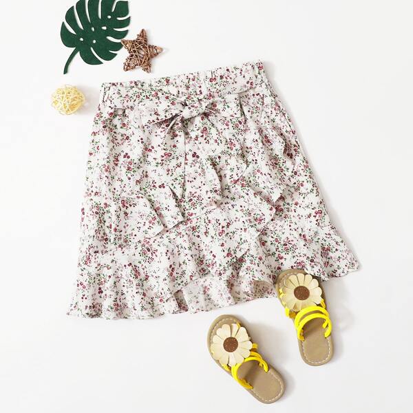 

Girls Tie Front Ruffle Hem Ditsy Floral Skirt, Multicolor